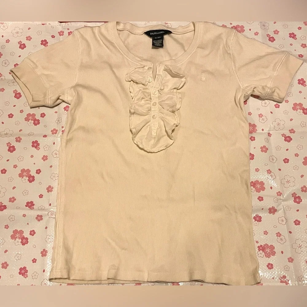Ralph Lauren Girls Beige Ruffle Button Up Short Sleeve Blouse Size XL (Girls)